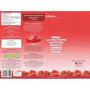 Probotanics Cayenne Pepper Drops Liquid Extract Supplement | Hawthorn Berry, Turmeric Curcumin, Beet Root, Ginger, Black Pepper for Circulation, Energy and Digestive Health | Alcohol-Free - 60Ml