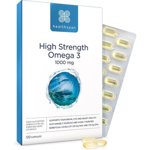 Healthspan High Strength Omega 3 1,000Mg (120 Capsules) | Supports Brain, Eye & Heart Health | 120Mg DHA & 170Mg EPA per Capsule | Highly Purified to Remove Toxins | Sustainably Sourced Fish Oil