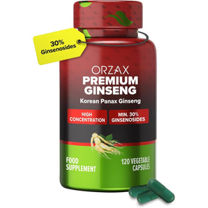 ORZAX Korean Panax Ginseng Capsules with 30% Ginsenosides for Performance & Energy Supplements for Women and Men - Red Ginseng for Enhanced Focus (120 Veg Capsules)