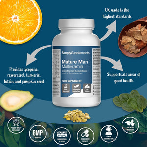 Multivitamins for Mature Men | 20 Essential Nutrients & Specialist Ingredients | Supports Overall Health & Wellbeing | 120 Tablets - 4 Months' Supply | Manufactured in the UK