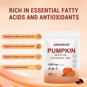 300 Softgel Pumpkin Seed Oil Capsules - Pumpkinseed Herbal Supplement - 2 in 1 Pumpkin Seed Extract | for Hair Growth, Cold Pressed, Supports Hair, Heart, Skin Supplement | Non-Gmo | Gluten Free