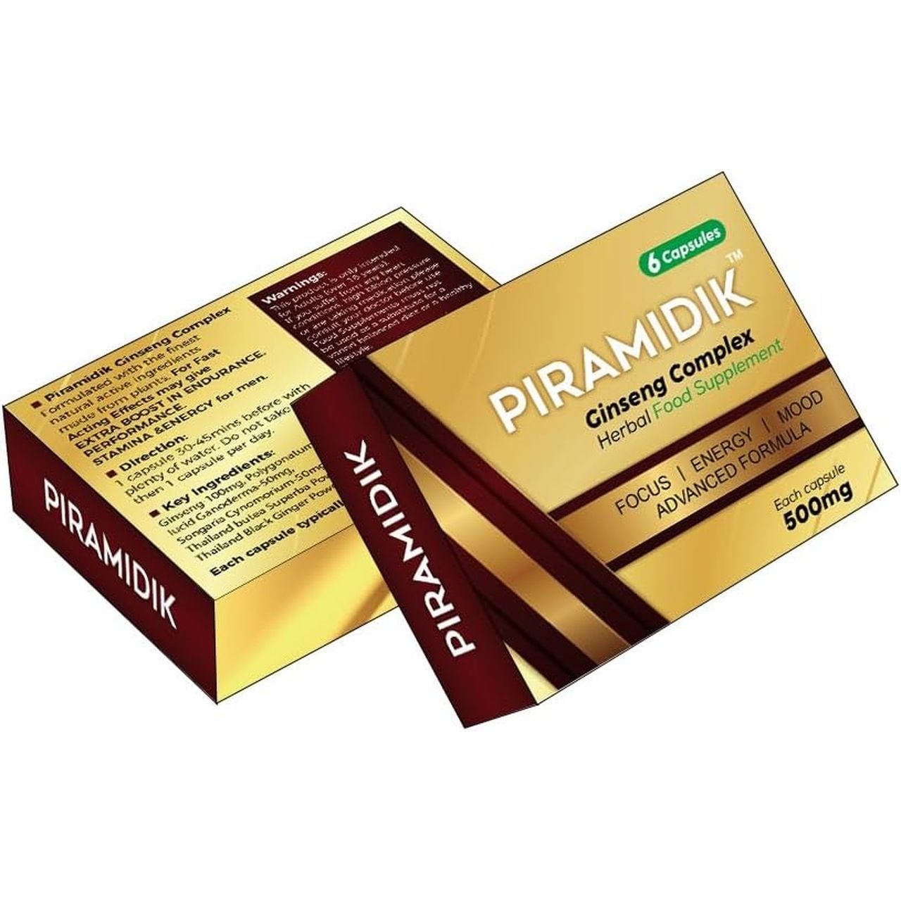 Piramidik-New Stronger for Longer Formula for Men - Ultra Strong Performance Enhancing Pills, Stamina Endurance Booster Gold Supplement Pills for Men - 6 Ginseng Capsules 500MG