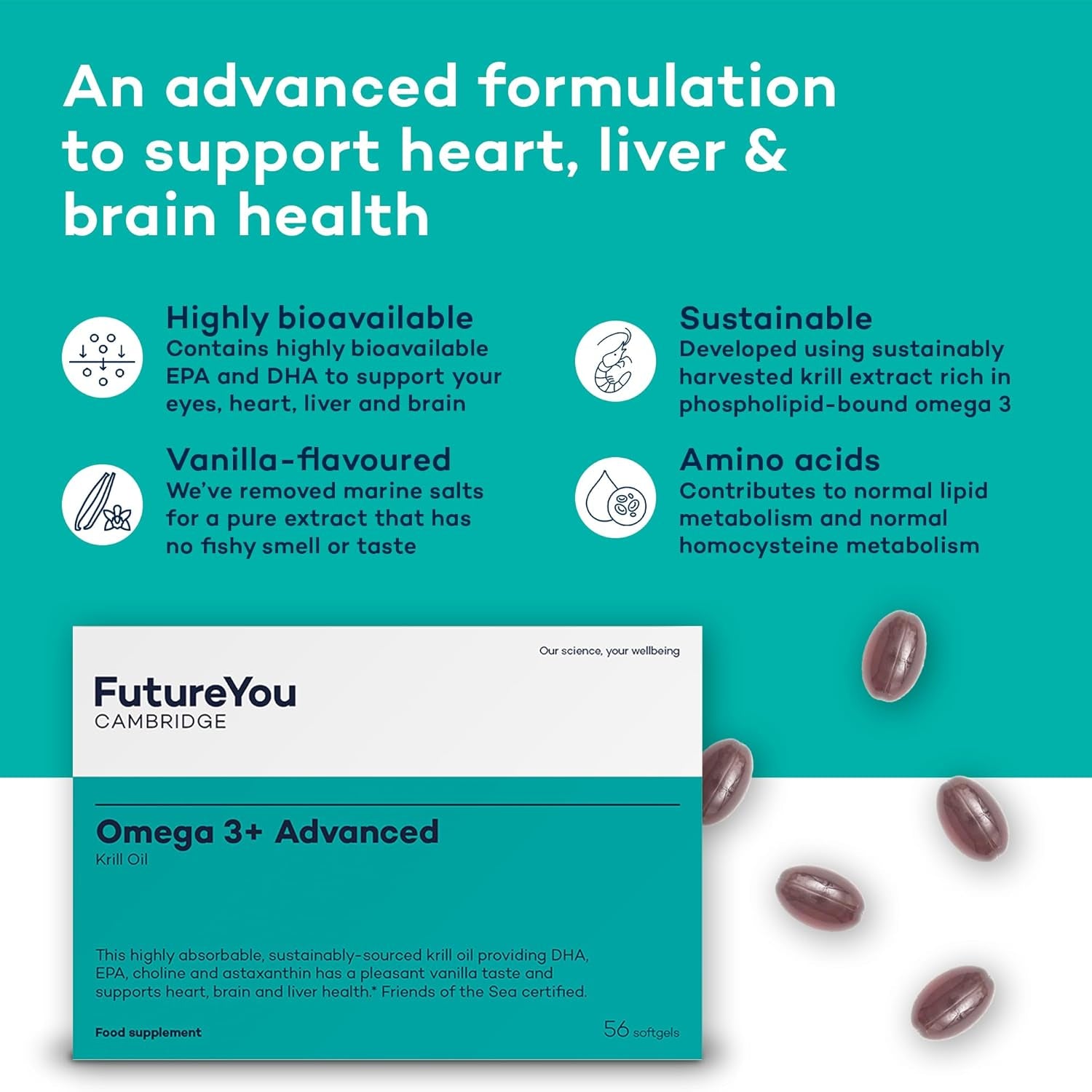 Omega 3+ Advanced Krill Oil Capsules – 28 Day Supply, 56 Softgels - High Strength Omega 3 Capsules High Strength for Brain Energy – Focus Supplement with DHA to Support Liver, Brain & Heart Health