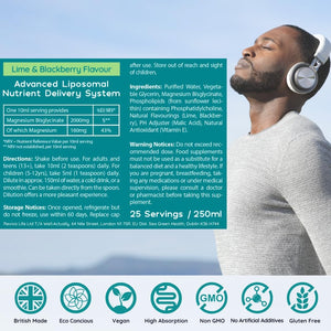 WELL ACTUALLY Liposomal Magnesium Glycinate High Strength 2000Mg - High Bioavailability Liquid Magnesium Bisglycinate Supplement for Brain, Muscle, Sleep Support - Lime & Blackberry (250 Ml)