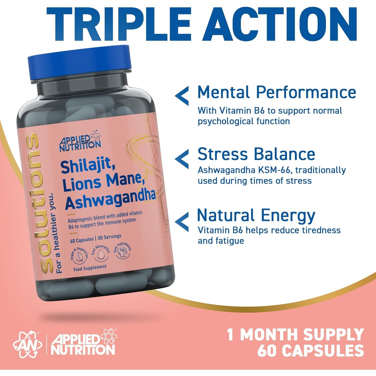 Applied Nutrition - Solutions - Shilajit, Lion’S Mane & Ashwagandha - High Strength Nootropic & Adaptogen Blend - Mental Clarity, Stress & Energy Support - 60 Capsules - 30 Servings