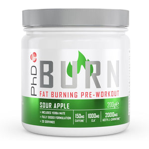 Phd Burn Pre Workout Powder with L Carnitine for Women and Men, Rich in CLA, High Caffeine for Pre-Workout, Sour Apple Flavour, 20 Servings (200G)