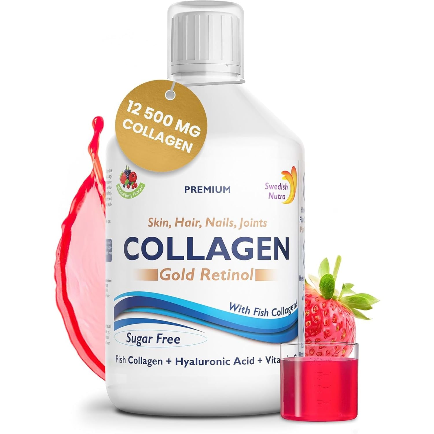 Swedish Nutra - 12,500 Mg Hydrolyzed Marine Collagen & Gold Retinol Liquid Supplement - 500 Ml Pack, 20 Day Supply | Pure Peptide & Hyaluronic Acid for Healthy Hair, Skin, Nails & Joints I Sugar-Free