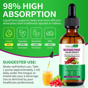 Berberine Liquid Drops, Berberine Supplement with High Strength Support Energy, Gut Health, Immune System & Metabolism Support, Health Supplement & Vitamins for Women & Men, Sugar Free, Non-Gmo - 60Ml