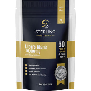 Extra Strength Lion'S Mane - Vegan Capsules for Adults, Pack of 60 Supplements (2 Months) | High Strength 10000Mg, B Vitamins, Black Pepper & Ginger to Support Brain Health | STERLING NUTRITION