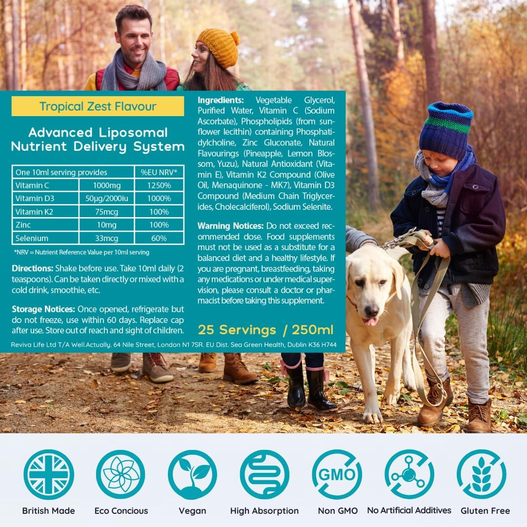 WELL ACTUALLY Liposomal Advanced Immune Support (25 Servings) with Vitamin C D3 K2 Zinc & Selenium - High Strength Liquid Liposomal Vitamin C Supplement for Immunity – Vegan & Sugar Free