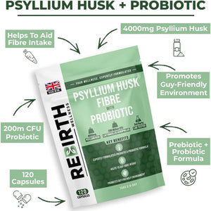 Psyllium Husk Fibre Supplement 4000Mg with Probiotic Acidophilus – 120 Capsules, High Fiber Supplement for Digestion & Gut Health,3Rd Party Lab Tested, UK Made by Rebirth Wellness