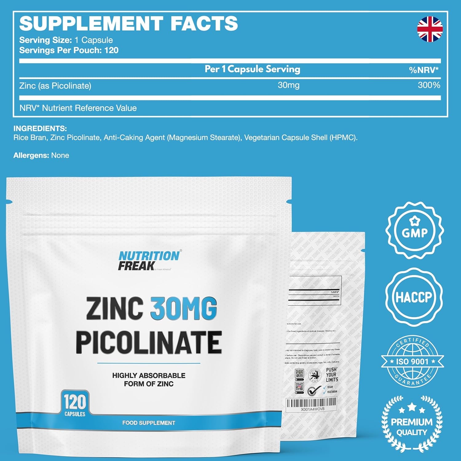 Zinc 30Mg as Picolinate 120 Capsules Made in the UK by Freak Athletics