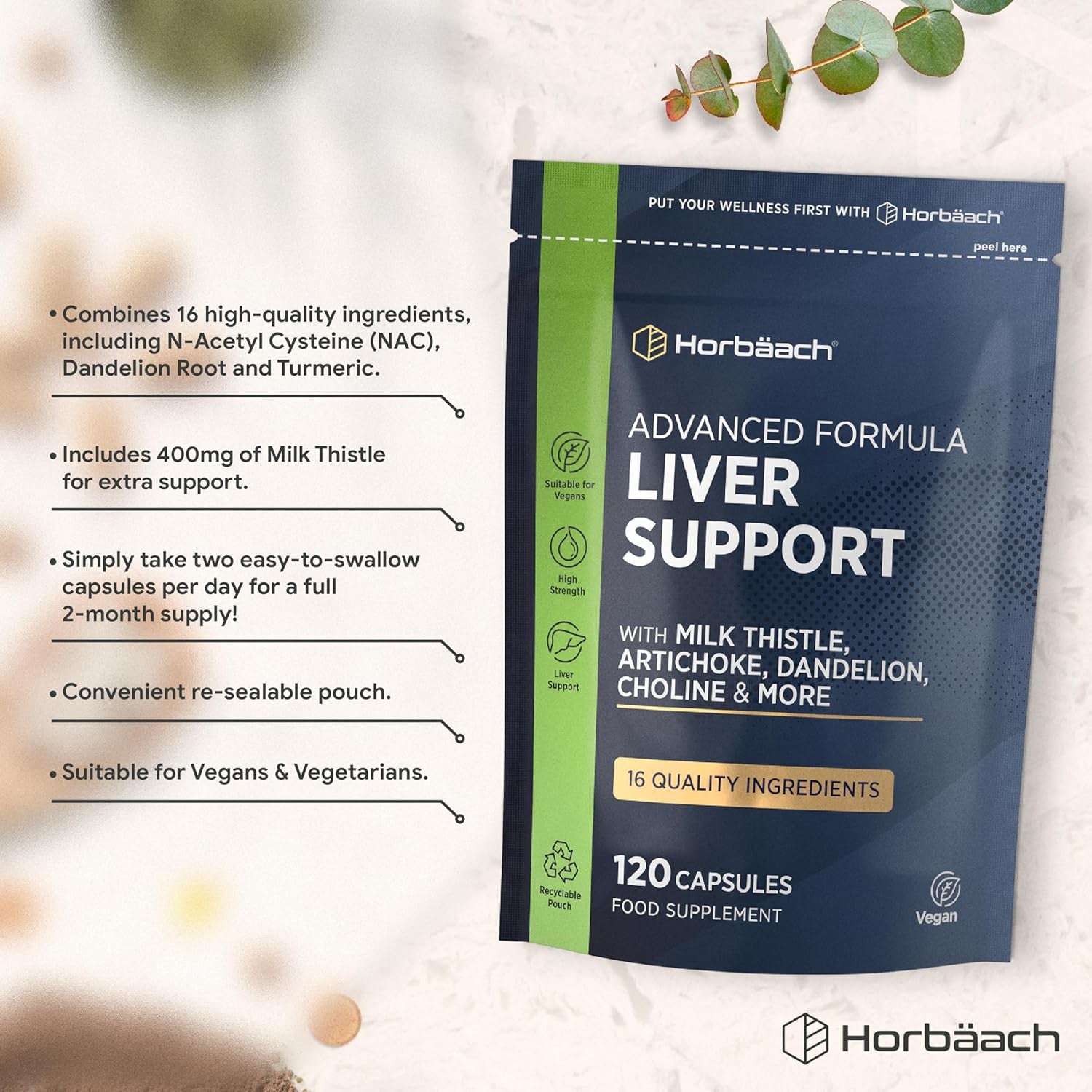 Liver Support Supplement | Milk Thistle Complex with Artichoke, Dandelion, Choline, Turmeric, Beetroot and More! | 16 Active Ingredients | Vegan Liver Health | 120 Capsules | by Horbaach