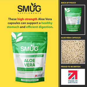 SMUG Supplements Aloe Vera - 60 Capsules - High Strength Natural Herb to Support Colon Cleanse and Detox - Two-A-Day - Equivalent to 12000Mg Leaf Juice - Made in Britain