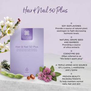 Healthspan Hair & Nails 50 plus | Formulated for Peri- and Post- Menopausal Women | Promotes Strong Hair & Healthy Nails | with Soy Isoflavones, Biotin, Selenium & Zinc | Vegan (60 Tablets)