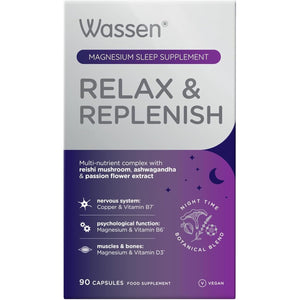 Wassen Relax & Replenish 90 Magnesium Capsules | Magnesium Sleep Supplements Supporting Psychological Function | Ashwagandha to Help Relaxation | Passion Flower Capsules | Reishi Mushroom & Lavender
