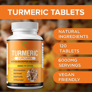 Turmeric Curcumin & Black Pepper with Ginger | 120 Tablets | Made in the UK | Supplement for Men & Women | Vegan Friendly & Gluten Free (120)