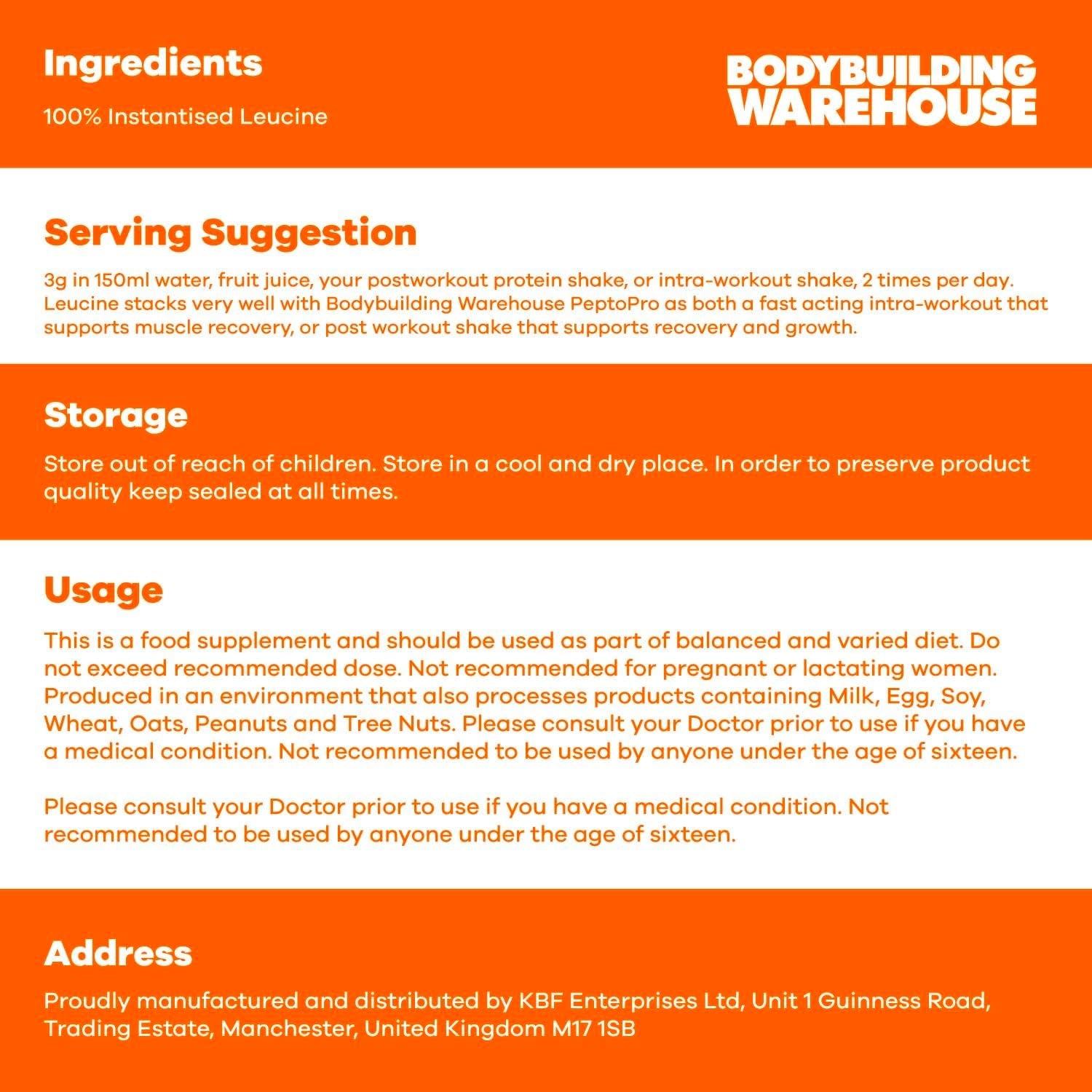 Bodybuilding Warehouse, Pure Instantised Leucine Powder, Essential Branched Amino-Acid, Helps Muscle Growth (500G)