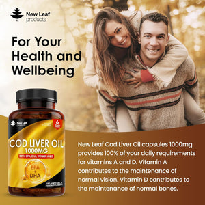 Cod Liver Oil Softgels 1000Mg - 180 Cod Liver Soft Gels High Strength Softgels- Cod Liver Oil Rich in Omega 3 EPA DHA Fatty Acids + Vitamins a & D, High Strength Fish Oil - UK Made, by New Leaf