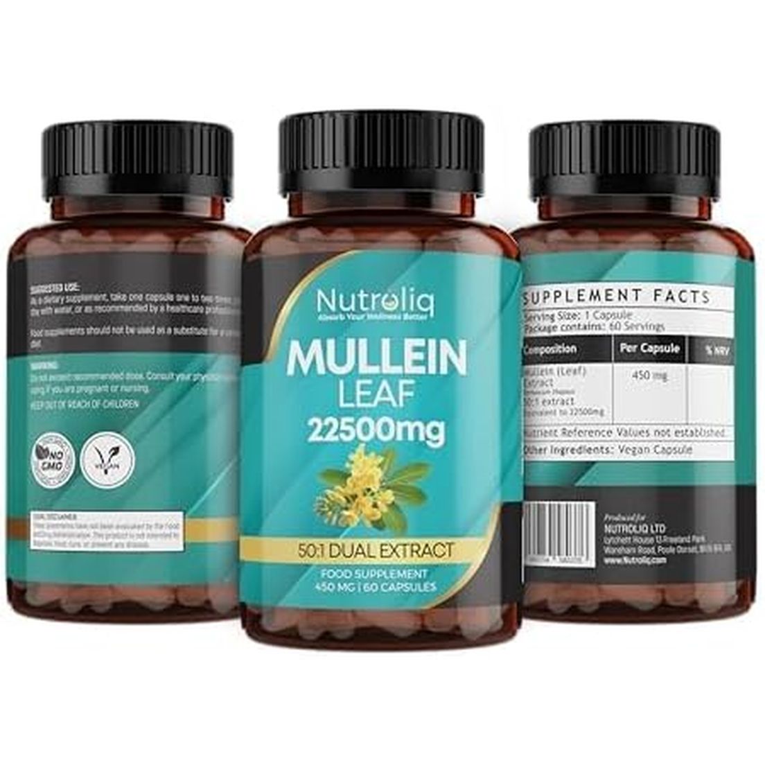 Nutroliq Mullein Leaf 50:1 Extract - Vegan, Non-Gmo Digestive Wellness & Sleep Support Supplement, 450Mg per Capsule, 60 Capsules (2-Month Supply)