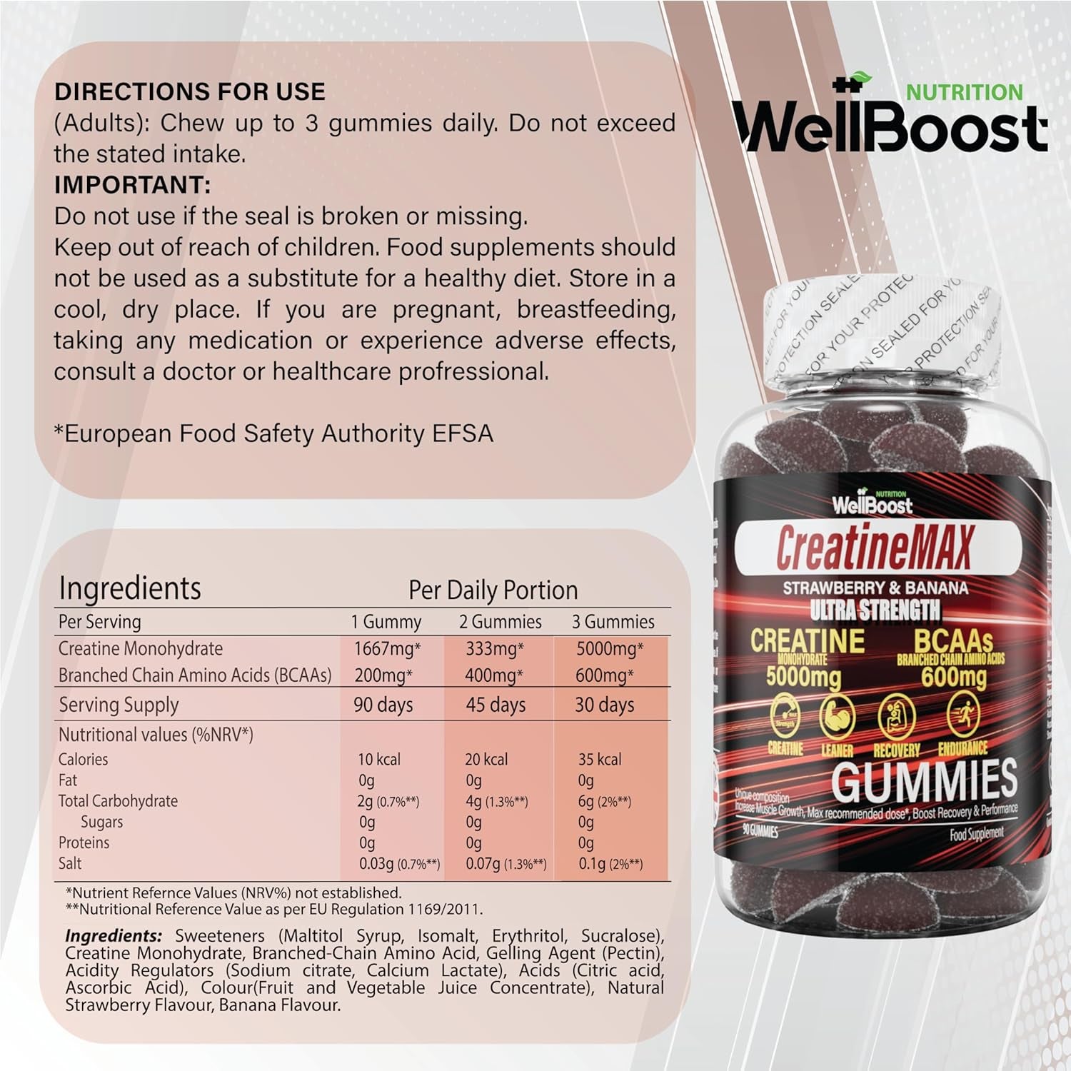 Wellboost Creatine MAX Gummies - 5000Mg Creatine Monohydrate & 600Mg Bcaas per Serving - Vegan, Sugar-Free Chewable Gummies with Strawberry & Banana Flavour - 90 Gummies (1 Month Supply)