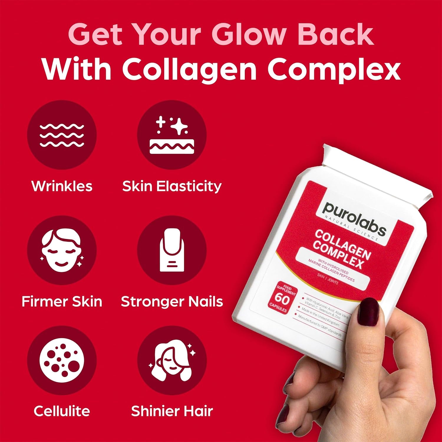 Purolabs Marine Collagen Complex - Collagen Supplement for Women & Men - with Hyaluronic Acid & Vitamin C - High Strength Type 1 Hydrolyzed Collagen Peptides - 60 Capsules - Skin, Hair & Nails