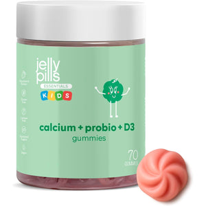Jelly Pills Calcium for Kids + Probiotics & Vitamins D3 and K2-70 Vegan Gummies - No Added Sugars - Strawberry Flavor - Bone & Teeth Support
