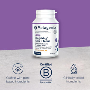 Metagenics Megamag Kids + Teens - Magnesium & Lemon Balm Powder with B Vitamins for Focus at School - Orange, 30 Servings
