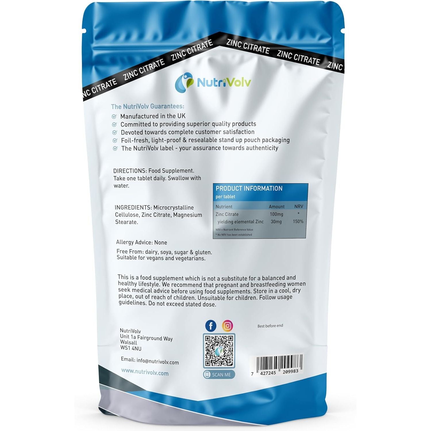 Zinc Citrate 100Mg Supplements Immune Health Fertility Vision Acne Skin Hair | 120 Tablets