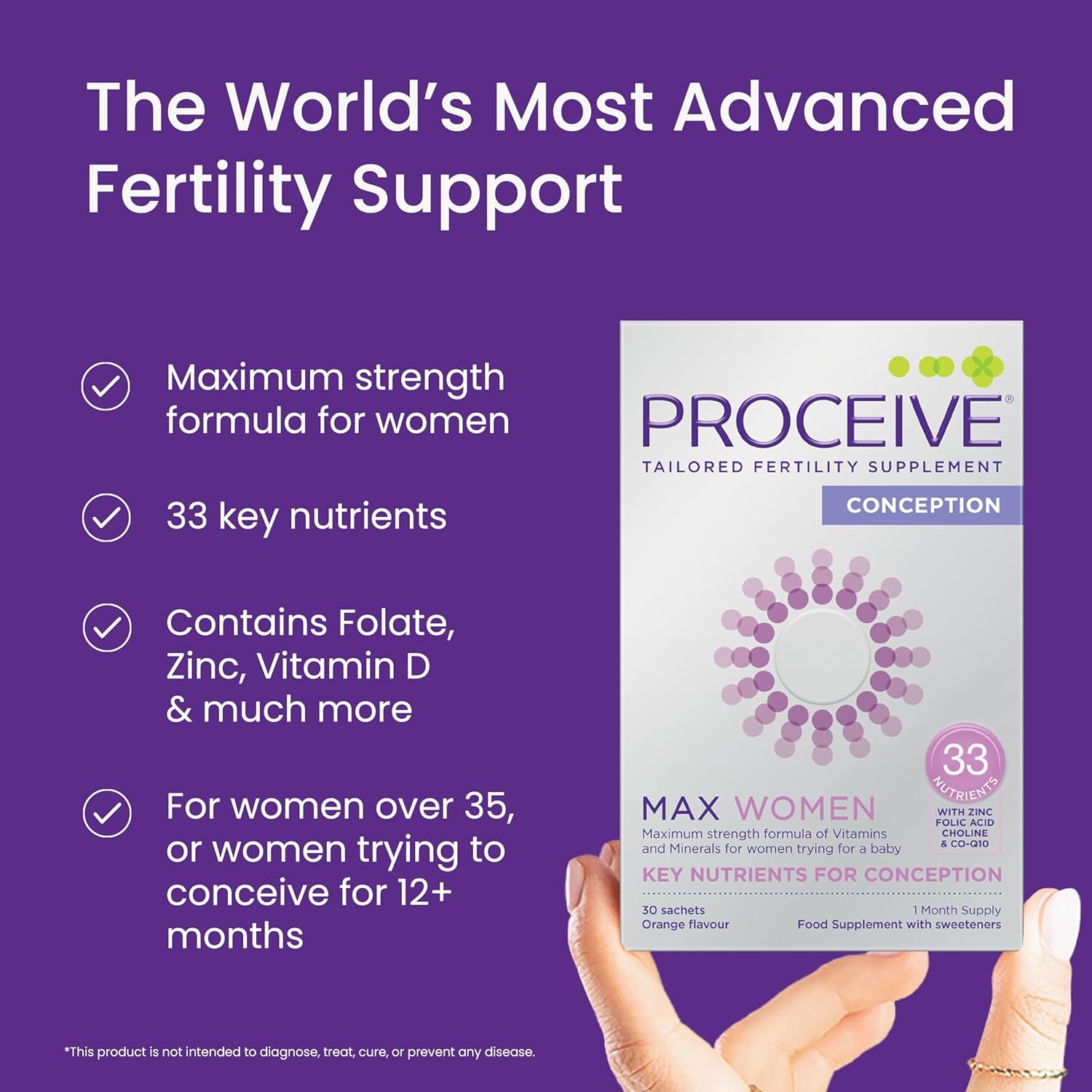 Proceive® MAX Women - Fertility Supplement for Conception - Pregnancy Vitamins for Women Trying to Conceive - Zinc, Folic Acid, Vitamin D - 30 Sachets (1 Month Supply) - Certified Vegan