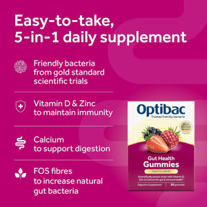 Optibac Probiotics Gut Health Gummies - Vegan Digestive Probiotic Supplement with Vitamin D, Zinc & Calcium for Immune Support & Gut Health - 5 Billion Bacterial Cultures - 30 Gummies