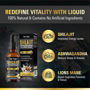 Shilajit, Ashwagandha, Lions Mane Liquid Drops - 120Ml Coconut Flavour - Testosterone Booster for Energy, Focus & Vitality - Ashwagandha & Lions Mane Supplement for Men - Natural Shilajit Complex 2Pk