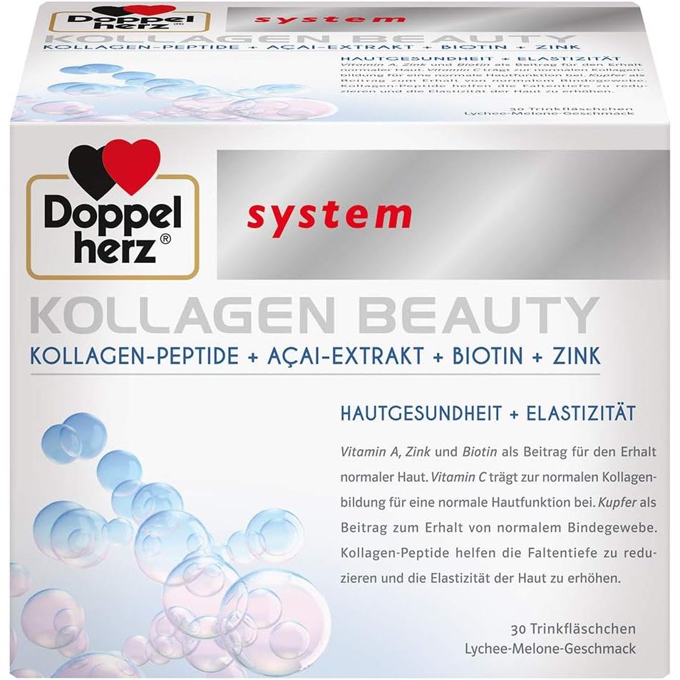 Doppelherz Collagen Beauty, 30 Drinking Bottles - with Collagen Peptides, Açai Extract, Biotin, Zinc - Anti-Wrinkles, Skin Health