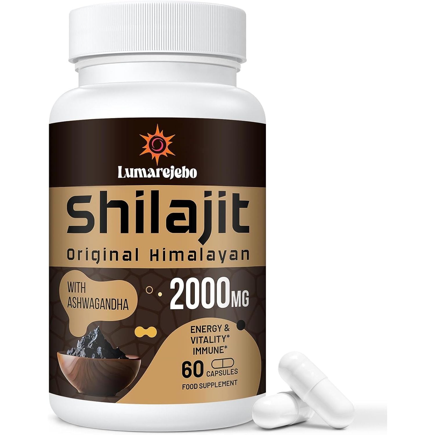 Shilajit Capsules 2000MG, Gold Grade 100% Pure Himalayan Shilajit, High Strength with Ashwagandha, 60% Fulvic Acid & Minerals, Energy & Immune Support for Men & Women, 60 Count (Pack of 1)