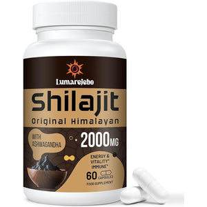 Shilajit Capsules 2000MG, Gold Grade 100% Pure Himalayan Shilajit, High Strength with Ashwagandha, 60% Fulvic Acid & Minerals, Energy & Immune Support for Men & Women, 60 Count (Pack of 1)