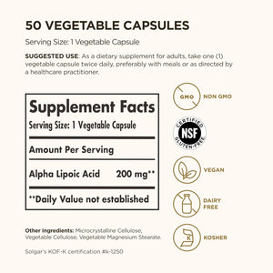 Solgar Alpha Lipoic Acid 200 Mg Vegetable Capsules - Food Supplement, Pack of 50 - Antioxidants - Vegan, Gluten Free