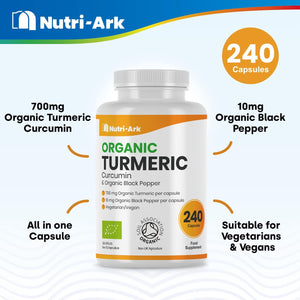 Nutri-Ark Organic Turmeric 700Mg per Capsule with Black Pepper | 240 Vegetarian Capsules (8 Month Supply) | UK Manufactured | Soil Association Certified