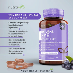 Lutein Natural Eye Supplement – 90 Vegan Capsules - Zeaxanthin, Bilberry Extract, Vitamins A, B12 & Zinc – for Maintenance of Normal Vision – Made in the UK by Nutravita