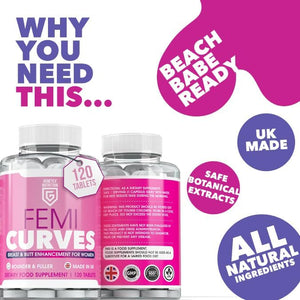 Femi Curves Bum & Breast Curves Enhancement Tablets for Women – 120 Tablets for Bigger Curves & Fuller Shape, Natural Ingredients - Bum Enhancement Supplement, Made in UK