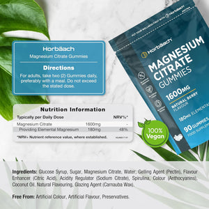 Magnesium Gummies 1600Mg | Citrate Providing 180Mg Elemental Magnesium | Berry Flavoured | Supplement for Women & Men | 90 Vegan Gummies | by Horbaach