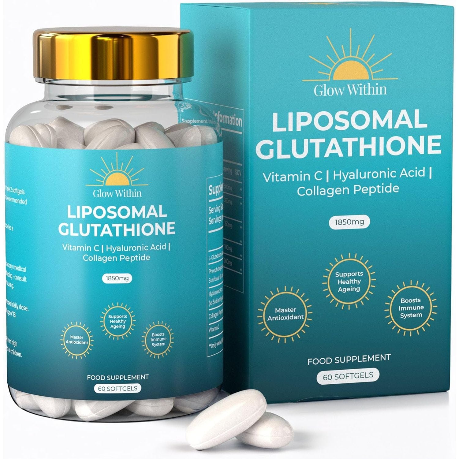 Glow within Liposomal Glutathione 1850Mg per Serving | Glutathione Supplement Capsules with Vitamin C | Master Antioxidant, Healthy Ageing, Boosts Immune System | 4X Higher Absorption (60 Softgels)