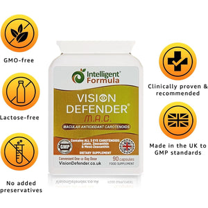 Vision Defender MAC Eye Vitamins Supplement – Triple Antioxidant Carotenoids: Lutein, Zeaxanthin & Meso-Zeaxanthin – Vision & Eye Health Support – 90 Capsules – Made in UK