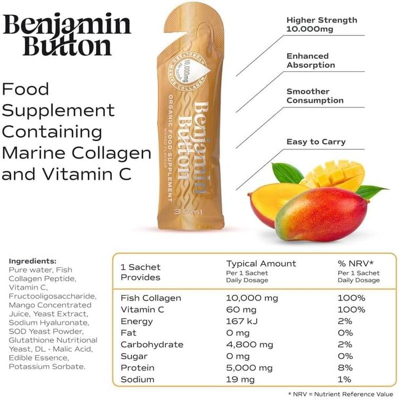 Benjamin Button Marine Collagen Liquid Sachet W/Hyaluronic Acid & Vitamin C | for Hair, Skin, Nails & Joints | 12,000Mg High Strength Hydrolysed Collagen (Mango, 14X Sachets)