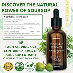Organic Soursop Drops for Cell Support & Regeneration | High Strength 600Mg per Serving (30:1 Extract Equiv. to 18000Mg) | Potent Antioxidant & Immune Support - One Month Supply - 60Ml