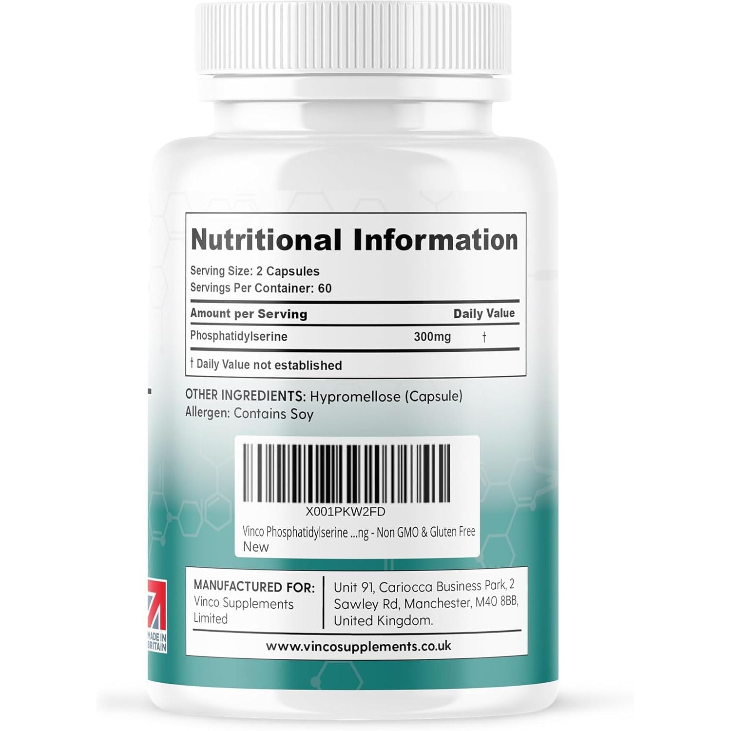 Vinco Phosphatidylserine Supplement - 120 High Strength Phosphatidylserine Capsules - 300Mg per Serving - Non GMO & Gluten Free