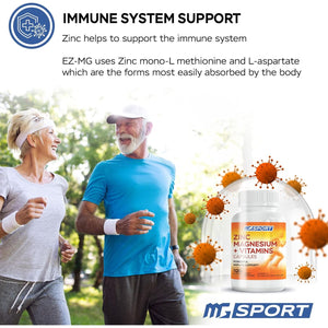 Magnesium Supplement MGSPORT with Zinc,Vitamins B6, B9, D, E - Immune Support, Muscle Recovery, EZ on Stomach - 120 Capsules