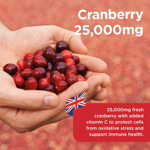Healthspan Super Strength Cranberry (60 Capsules) | for Immune Health and Wellbeing | Equivalent to 25000 Mg Whole Fresh Cranberries | Highly Concentrated Formulation | Added Vitamin C | Vegan