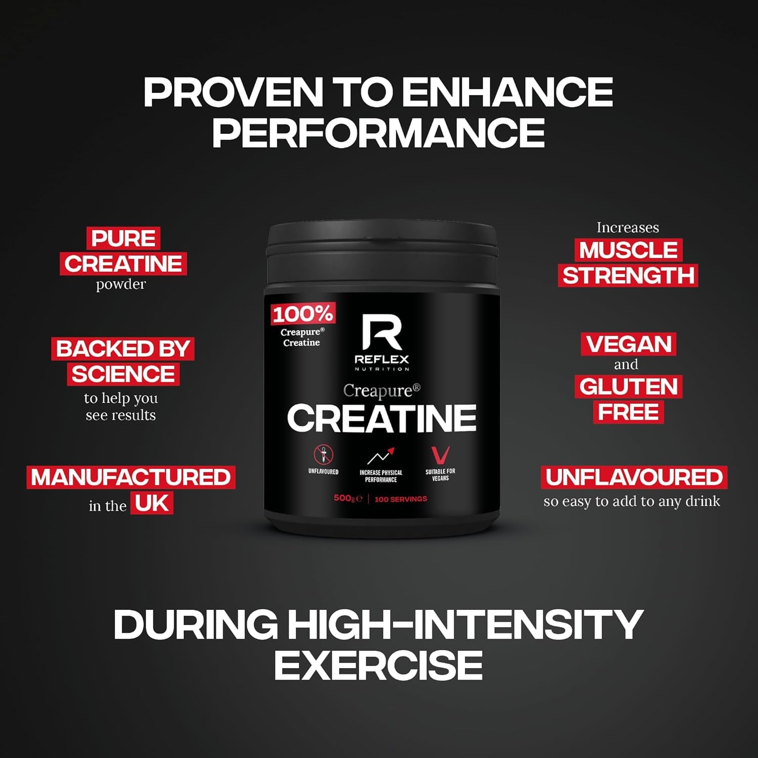 Reflex Nutrition Creapure® Creatine Monohydrate Powder Unflavoured - 100% Creatine for Strength, Muscle Gains & Recovery - No Fillers or Additives - 500G (Vegan Creatine 5G per Serving, 100 Servings)