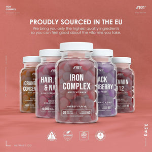 Iron 28Mg Gummies with Vitamin C, Niacin, Vitamin B6, B5, B12, Folic Acid & Biotin – 60 Vegan Gummies – Tapioca Base – Cherry Flavour – by Alpha01