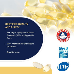 Omega 3 Fish Oil Capsules IFOS Certified - OMEGOR Vitality 500 Omega3 Supplement with 535Mg EPA and 268Mg DHA for 2 Capsules - No Aftertaste (60 Softgel Caps)